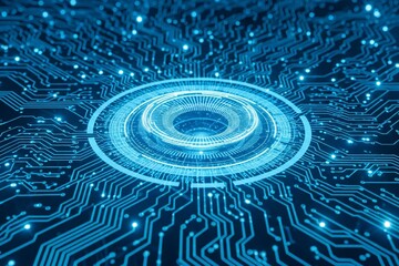 Futuristic glowing blue circuit board with central hub