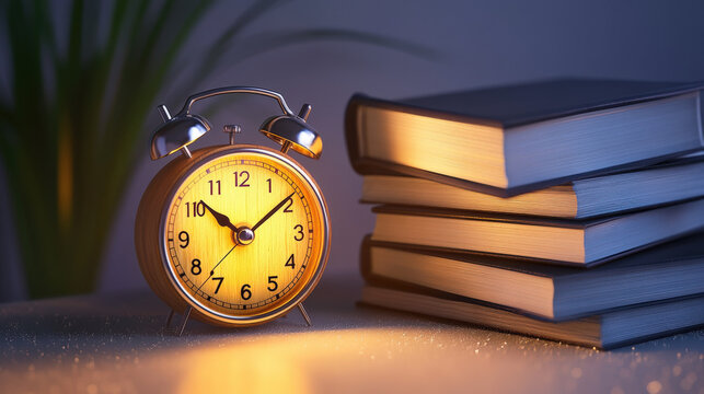 vintage wooden alarm clock glowing soft amber on bedside table next to stack of hardcover books delicate dust motes tranquil night illustration concept scene visual for commercial design use high
