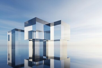 Modern abstract glass cubes reflect bright sky