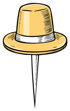 Stylized cartoon drawing of a yellow pilgrim hat shaped like a map push pin