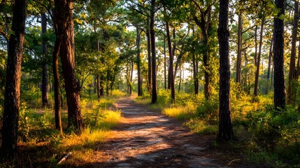 Naklejka premium A sun-drenched forest path winds through tall trees, bathed in golden sunlight, creating a tranquil and serene atmosphere.