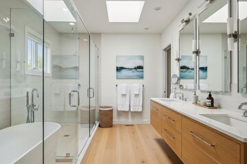 Modern spa bathroom oasis with soaking tub and dual sinks