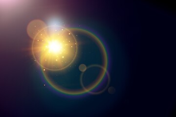 Bright Sun Flare with Rainbow Lens Effect on Dark Background, Glowing Yellow Light Burst with Magical Sparkles, Abstract Energy Flare – Colorful Light Rings in Darkness