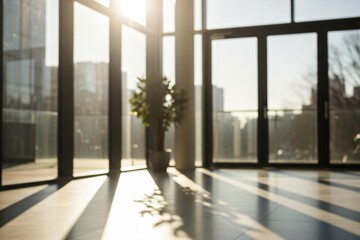 Bright office with sunlit windows and plant