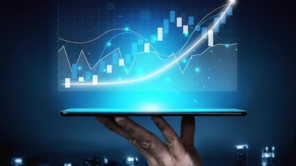 A hand holding a tablet showcases dynamic financial charts and graphs, representing modern technology role in data analysis and business progress in a digital world. Copula - Powered by Adobe