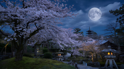A moonlit Japanese garden with a full moon in the sky and cherry blossoms in full bloom.