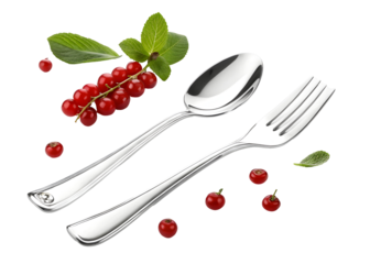 Shiny Silver Spoon and Fork with Red Currants and Mint Leaves Isolated on a Transparent Background