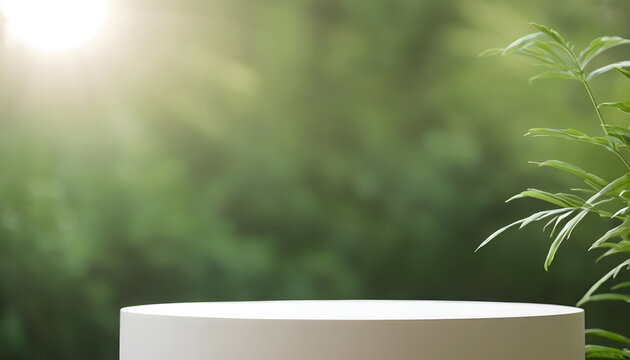 Organic product staging with natural green bokeh effects for eco-friendly brand imagery or digital displays