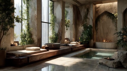Tranquil spa retreat with abundant greenery, stone walls, and a serene atmosphere.