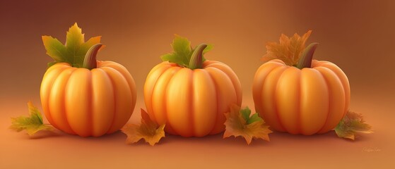 Three small decorative pumpkins with green and brown leaves on warm beige background