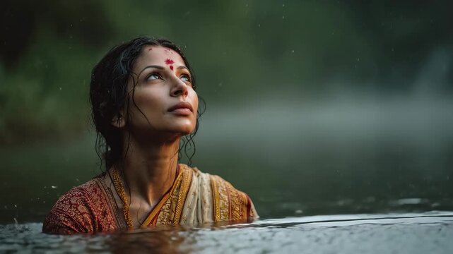 Spiritual indian woman in sari with bindi looking up during serene water meditation