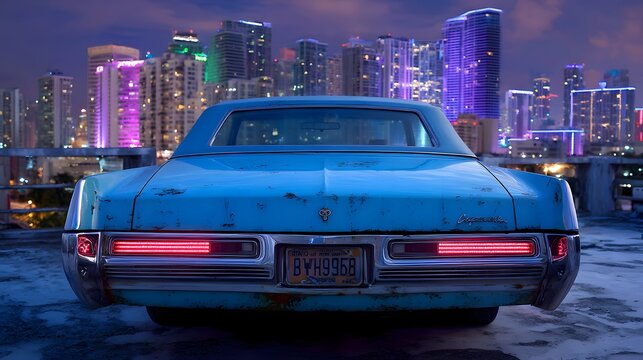 A vintage blue car, detailed rear view, parked on a rooftop overlooking a vibrant city at night, showcasing the urban skyline with its vibrant neon lights.