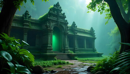 Mystical Ruins: An ancient stone structure shrouded in mystery, nestled deep within a verdant jungle, a glowing green aura, is illuminated by the sunlight. 
