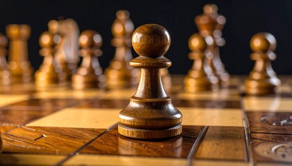 Close-up of a single dark pawn on a wooden chessboard, symbolizing strategy and leadership