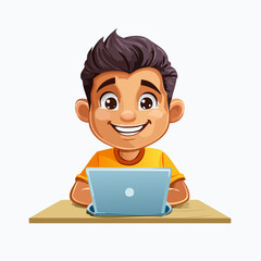 Cheerful Young Boy with Laptop at Desk Digital Illustration of Student Studying or Working