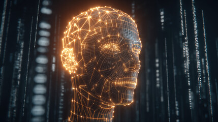 3D wireframe glowing human head with encrypted symbols and falling matrix code representing cyberattack and cybersecurity concepts