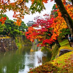 Vibrant autumn leaves frame a tranquil moat leading to a historic Japanese castle, painting a serene and colorful scene.