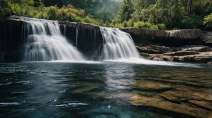 Obraz premium Silky Veil Cascade: Long Exposure Waterfall over a Stone Ledge into a Clear, Rocky Pool