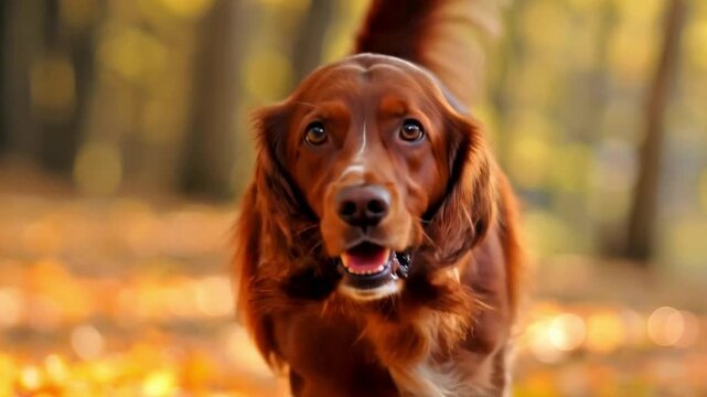 Joyful Red Setter Running Through Autumn Leaves