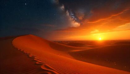 Golden Sands at Sunset: A breathtaking image captures the expansive allure of a desert at sunset, with towering sand dunes illuminated by the golden light. It's a serene and captivating scene.