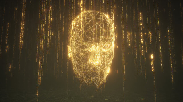 3D wireframe glowing human head with encrypted symbols and falling matrix code representing cyberattack and cybersecurity concepts