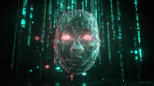 3D wireframe glowing human head with encrypted symbols and falling matrix code representing cyberattack and cybersecurity concepts - Powered by Adobe