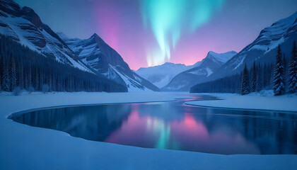 Aurora's Reflection: The awe-inspiring aurora borealis illuminates a frozen landscape, with its vibrant colors mirrored in the tranquil lake below, painting a breathtaking winter scene.