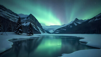 Aurora Borealis over Serene Lake: Capturing the dance of the Northern Lights over a tranquil lake, with snow-capped peaks.