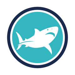 Flat white shark in a blue circle vector icon for marine, ocean, and wildlife businesses