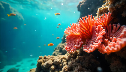 Underwater Coral Paradise: Explore the vivid underwater world of vibrant coral reefs, teeming with life. The intricate details of the coral create a stunning visual spectacle of underwater flora.