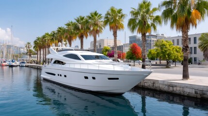 Luxury yacht moored in a marina surrounded by palm trees