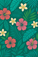 Seamless Tropical Hibiscus and Plumeria Flower Pattern with Green Leaves