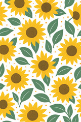 Seamless Sunflower Pattern with Green Leaves on White Background