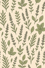 Seamless Herbal Pattern with Green Leaves and Lavender on Beige Background