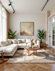 Modern Living Room with Cozy Sofa, Artistic Wall Decor, Indoor Plants, and Natural Light in Contemporary Home Design