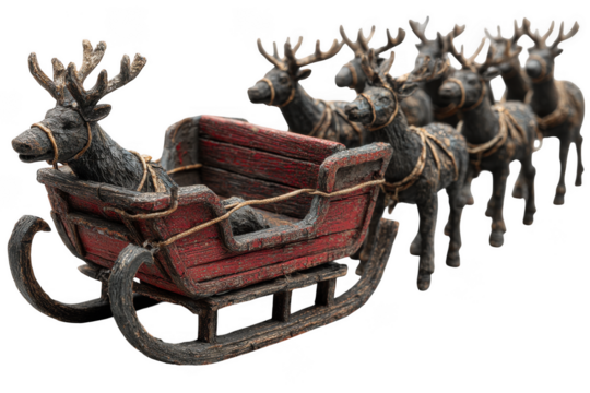Antique red sleigh pulled by a team of reindeer isolated on transparent background