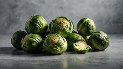 Vibrant Green Brussels Sprouts in a Moody Still Life, One Sliced to Reveal its Core