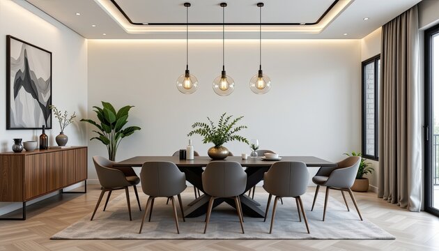 Modern Elegant Dining Room Interior with Stylish Furniture and Beautiful Lighting for Sophisticated Home Decor