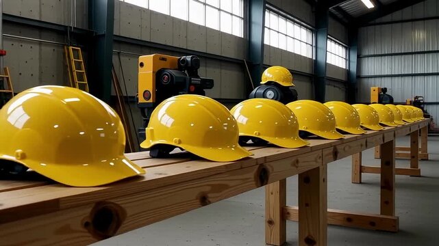 Row of yellow hard hats lined up neatly on a workbench in a workshop
