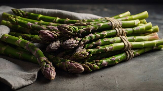 Freshly Harvested Green Asparagus Spears with Purple Tips, Tied with Twine in a Rustic Still Life.