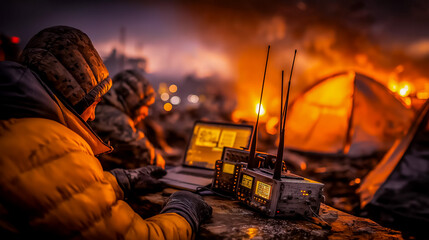 Emergency broadcast station with survivors operating amateur radio equipment trying to contact outside world limited battery power