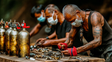 Survivor workshop where people repair and maintain breathing equipment improvised tools and spare parts technical knowledge sharing
