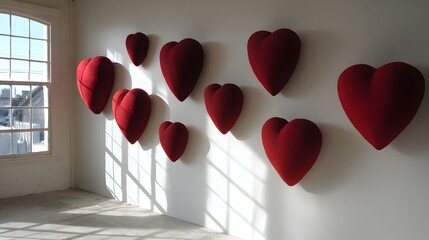 A collection of vibrant red heart-shaped sculptures adorns a white wall, casting soft shadows.