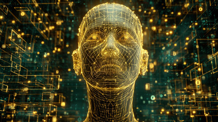 3D wireframe glowing human head with encrypted symbols and falling matrix code representing cyberattack and cybersecurity concepts