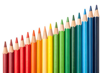 A Row of Color Gradient Colored Pencils Arranged in a Curve Against a Black Background isolated on a transparent background
