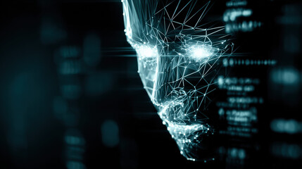 3D wireframe glowing human head with encrypted symbols and falling matrix code representing cyberattack and cybersecurity concepts