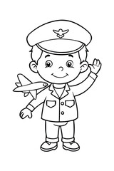 Cute Kid Pilot Coloring Page. Cartoon Child in Uniform with Toy Airplane for Kids