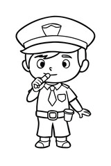 Cute Kid Police Officer Coloring Page. Simple Cartoon Child in Uniform for Kids