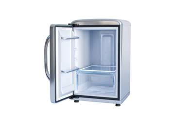 Mini Refrigerator Open Showing Interior Shelves and Crisper Drawer