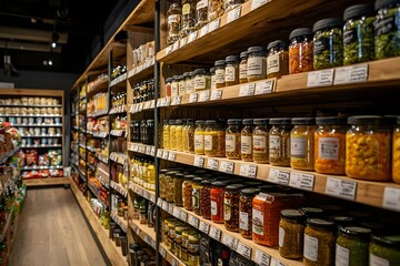 Fototapeta premium Shelves filled with jars of various food products in a grocery store aisle offering a wide selection